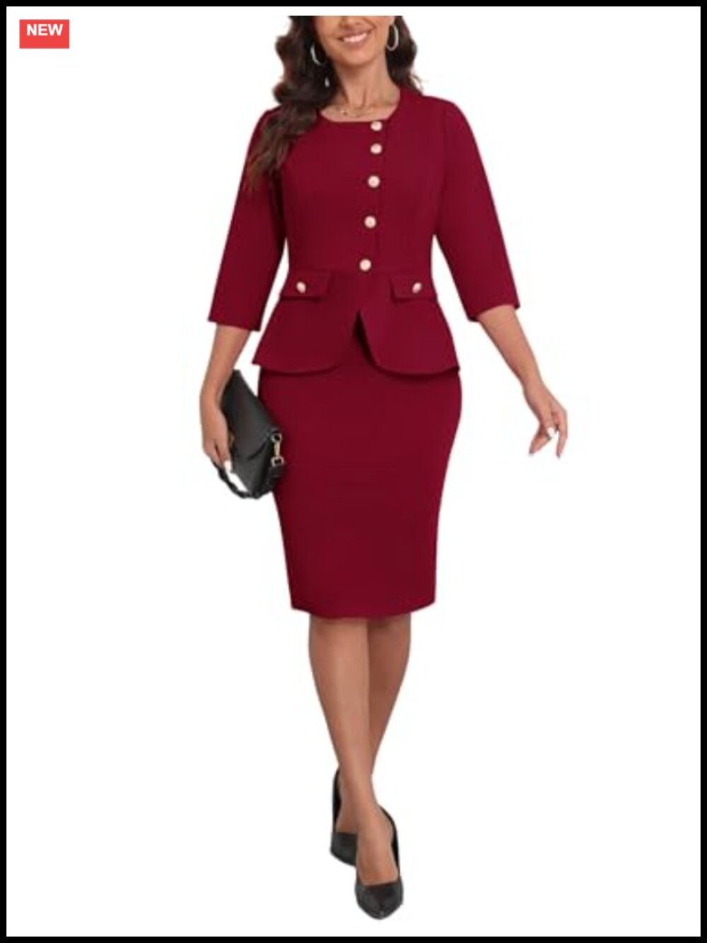 Women's 2 Piece Skirt Suit Set 3/4 Sleeve Blazer Business Casual